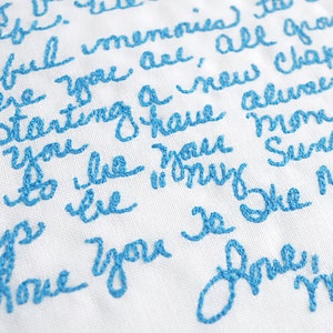 Unique wedding dress label embroidered with your handwritten note to remember loved ones. Custom handwriting something blue for bride gift image 6