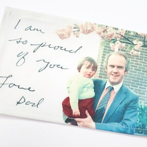 Tshirt quilt labels personalized with your handwriting & family photo. Custom fabric labels for patchwork quilt. Sew on patch.