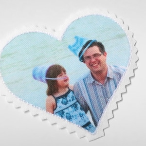 Your family photo on a custom patchwork quilt sew on patch. Tshirt quilt labels. Your picture printed on a fabric memory pillow patch.