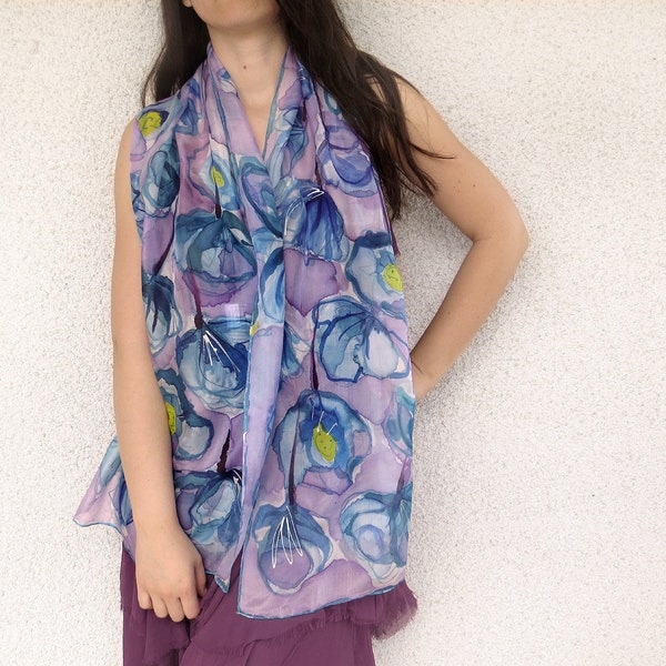 Silk Scarf hand painted, Floral silk scarf, Purple blue silk scarf, Modern Birthday gift for her, Mother's Day Gift, Trendy Christmas Gift