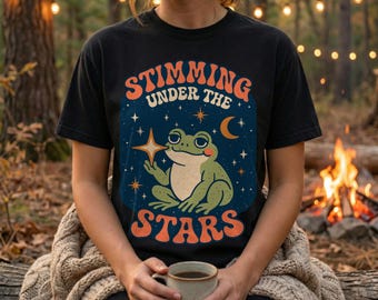 Stimming Under The Stars Shirt | Comfort Colors® Frog Tee | Neurodivergent Gift | Autism ADHD Sensory Friendly Top | Retro Celestial Frog