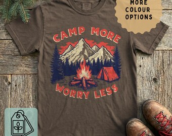Camp More Worry Less Shirt | Retro Mountain T-Shirt | Comfort Colors 1717 or Gildan 5000 | Outdoor Lover Gift | Hiking & Adventure Tee