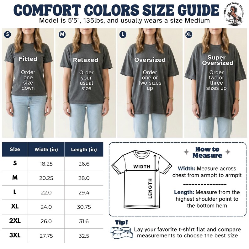 A Comfort Colors t-shirt size guide. The top half shows a model demonstrating four fits: Fitted, Relaxed, Oversized, and Super Oversized, with sizing recommendations. The bottom half features a size chart from Small to 3XL with width and length in inches, alongside a diagram showing how to measure the garment flat.