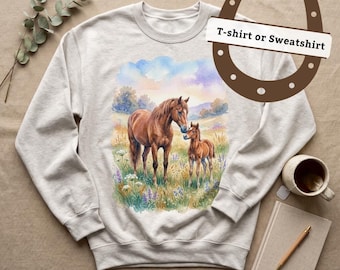 Watercolor Mare and Foal Tee or Sweatshirt, Equestrian Gift for Her, Horse Lover Apparel, Horse Girl Aesthetic Tee, Country Western