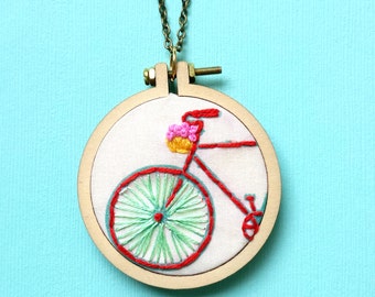 The Bike Necklace>Embroidered Jewelry>Handstitched Jewelry>Mini Hoop Necklace>Bicycle Necklace>Bike Charm>Embroidery Designs>Ride On>Gift