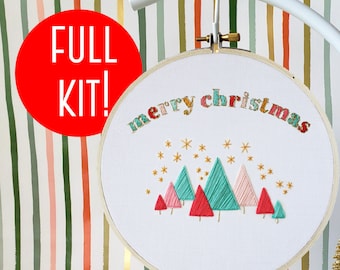 Christmas Beginner Embroidery Kit-SUPPLIES INCLUDED! Merry Christmas Colorful Trees