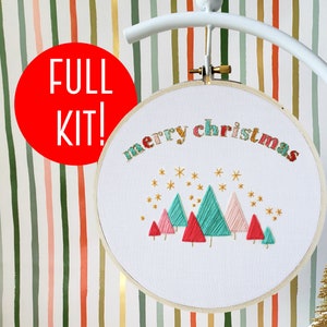 Christmas Beginner Embroidery Kit-SUPPLIES INCLUDED! Merry Christmas Colorful Trees