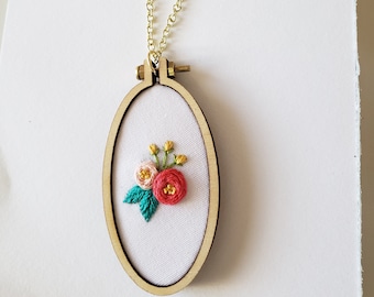 Embroidery Necklace, Handmade Necklace,Flower Necklace, MiniatureEmbroidery Hoop,Gift for Her