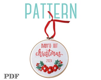 Christmas Ornament Embroidery Pattern, Baby's First Christmas, Customizable Pattern PDF, Our First Christmas 2024 Ornament,Embroidered