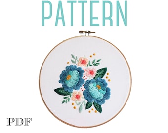 Blue Floral Roses Embroidery PATTERN, Vintage Inspired Embroidery,Instant Download PDF,Hand Embroidery Pattern,Printable Stitching Pattern