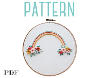 Floral Rainbow Embroidery Pattern,Instant Download PDF,Rainbow Baby,Rainbow Embroidery Design,Hand Embroidery, Colorful Embroidery Art