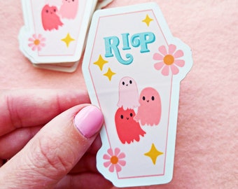 RIP Pastel Coffin Sticker, Halloween Sticker, Pastel Ghosts, Colorful Halloween, Pink Coffin, Groovy Ghosts,Pink Halloween, Party Favor