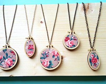 Floral Embroidery Hoop Necklace, Handmade Necklace,  Flower Necklace, Miniature Hoop,Gift For Her