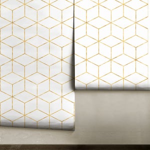 Gold Cube Geometric Removable Peel 'n Stick or Traditional Wallpaper • Vinyl-Free •  Non-toxic