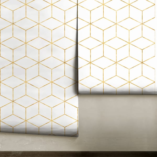 Gouden kubus geometrische verwijderbare peel-'n-stick of traditioneel behang • Vinylvrij • Niet giftig