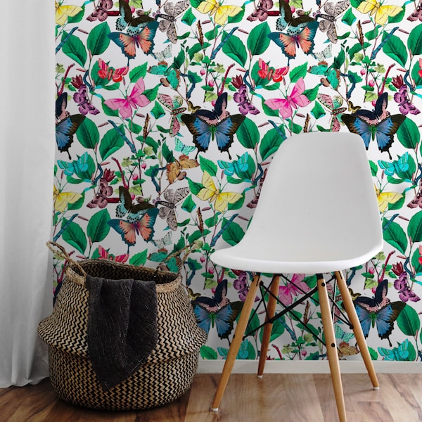 Vlindertuin || Wit | Peel 'n Stick of voorgelijmd behang | Vinylvrij |  Niet giftig