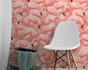 Coral Flamingo Repositionable Peel 'n Stick Wallpaper // Custom Colors! • Vinyl-Free •  Non-toxic