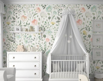 Posie Watercolor Floral Mural || Traditional or Removable Wallpaper • Vinyl-Free •  Non-toxic