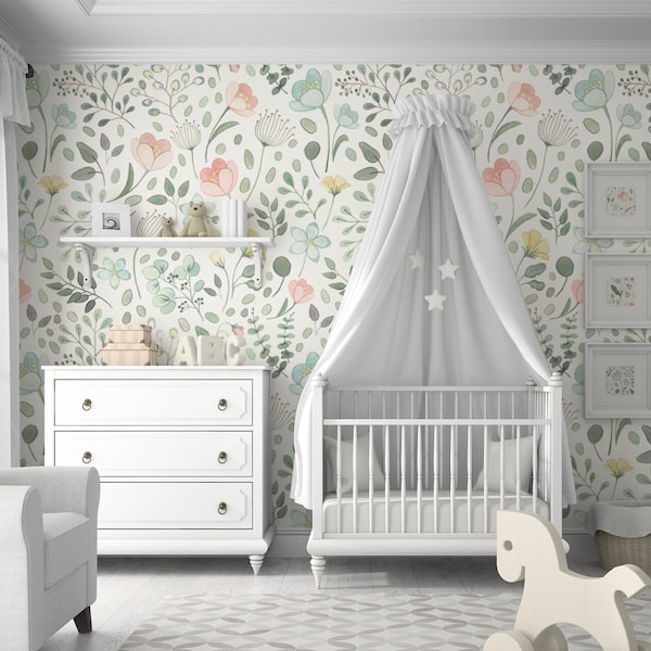 Posie Watercolor Floral Mural || Traditional or Removable Wallpaper • Vinyl-Free •  Non-toxic