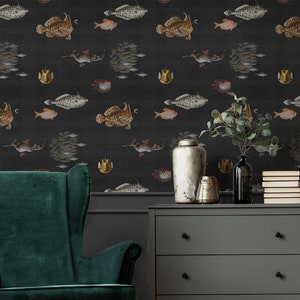 Curious Fish | Black | Standard Scale | Wallpaper | Prepasted or Peel &#39;n Stick
