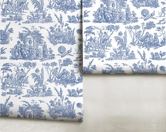 Marseilles Toile // Willow Ware Blue Peel 'n Stick or PrePasted Wallpaper Removable • Vinyl-Free •  Non-toxic