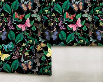 Butterfly Garden || Black | Peel 'n Stick or Prepasted Wallpaper• Vinyl-Free |  Non-toxic