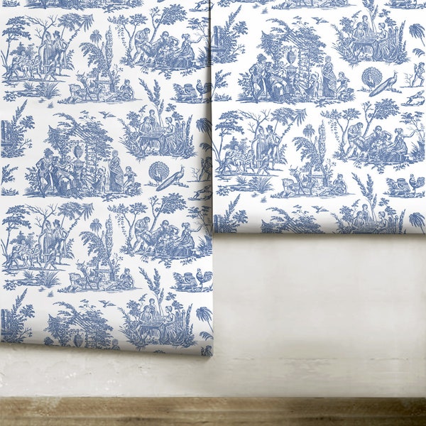 Marseilles Toile // Willow Ware Blue Peel 'n Stick or PrePasted Wallpaper Removable • Vinyl-Free •  Non-toxic