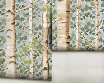 May include: A wallpaper design featuring a repeating pattern of birch trees with white bark and green leaves against a light blue background.