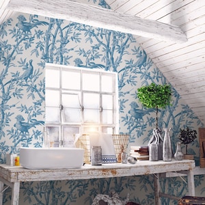 Oiseaux Chinoiserie // Blue Peel &#39;n Stick or PrePasted Wallpaper Removable • Vinyl-Free •  Non-toxic