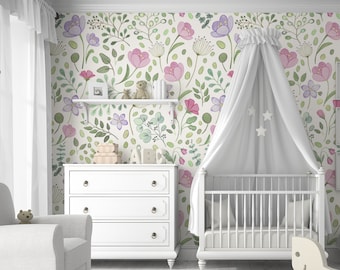 LILAC Posie Watercolor Floral Mural || Traditional or Removable Wallpaper • Vinyl-Free •  Non-toxic