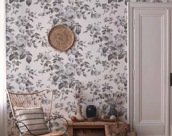 Ascot Rose | Gray Fog | Peel 'n Stick or PrePasted Wallpaper Removable • Vinyl-Free •  Non-toxic