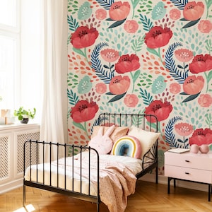 Poppy Watercolor Mural || Traditional or Removable Wallpaper • Vinyl-Free •  Non-toxic