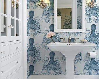 Octopus | Indigo | Peel 'n Stick Wallpaper or Traditional Wallpaper | Custom Colors | Made in the USA! • Vinyl-Free •  Non-toxic