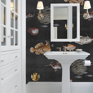 Curious Fish Large Scale  | Black | Peel &#39;n Stick or Prepasted Wallpaper