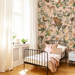 Woodland Storybook Mural | Blush  Wallpaper • Vinyl-Free •  Non-toxic