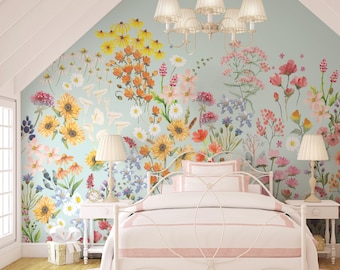 Wildflower Mural || Sky || Traditional or Removable • Vinyl-Free •  Non-toxic