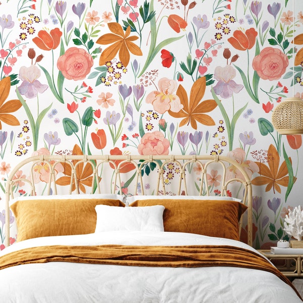 Hazel Mural || Watercolor Floral || Traditional or Removable Wallpaper • Vinyl-Free •  Non-toxic