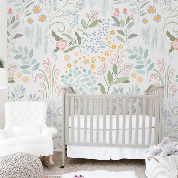 Delicate Floral Wallpaper Bright Modern Illustrated Flower - Etsy