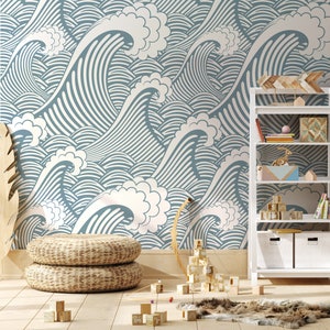 Kyoto Great Wave Wallpaper • Repositionable and Traditional * Vinyl-Free •  Non-toxic