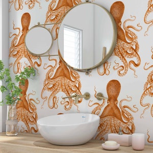 Octopus | Goldfish Orange | Peel 'n Stick or Traditional Wallpaper | Made in the USA • Vinyl-Free •  Non-toxic