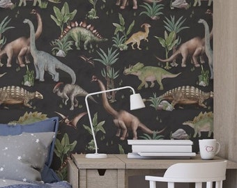 Jurassic Story | Slate Peel 'n Stick or Traditional Wallpaper | Made in the USA • Vinyl-Free •  Non-toxic