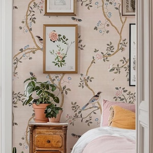 Avignon Chinoiserie | Blush | Peel 'n Stick or PrePasted Wallpaper Removable • Tissue Pink •  Non-toxic