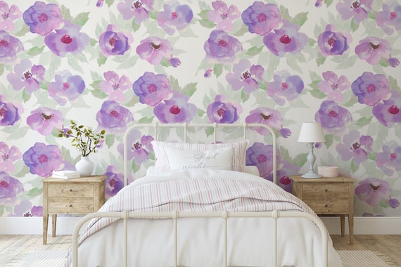 Layla Floral | Lilac Watercolor Floral Mural | Traditional or Removable Wallpaper • Vinyl-Free •  Non-toxic