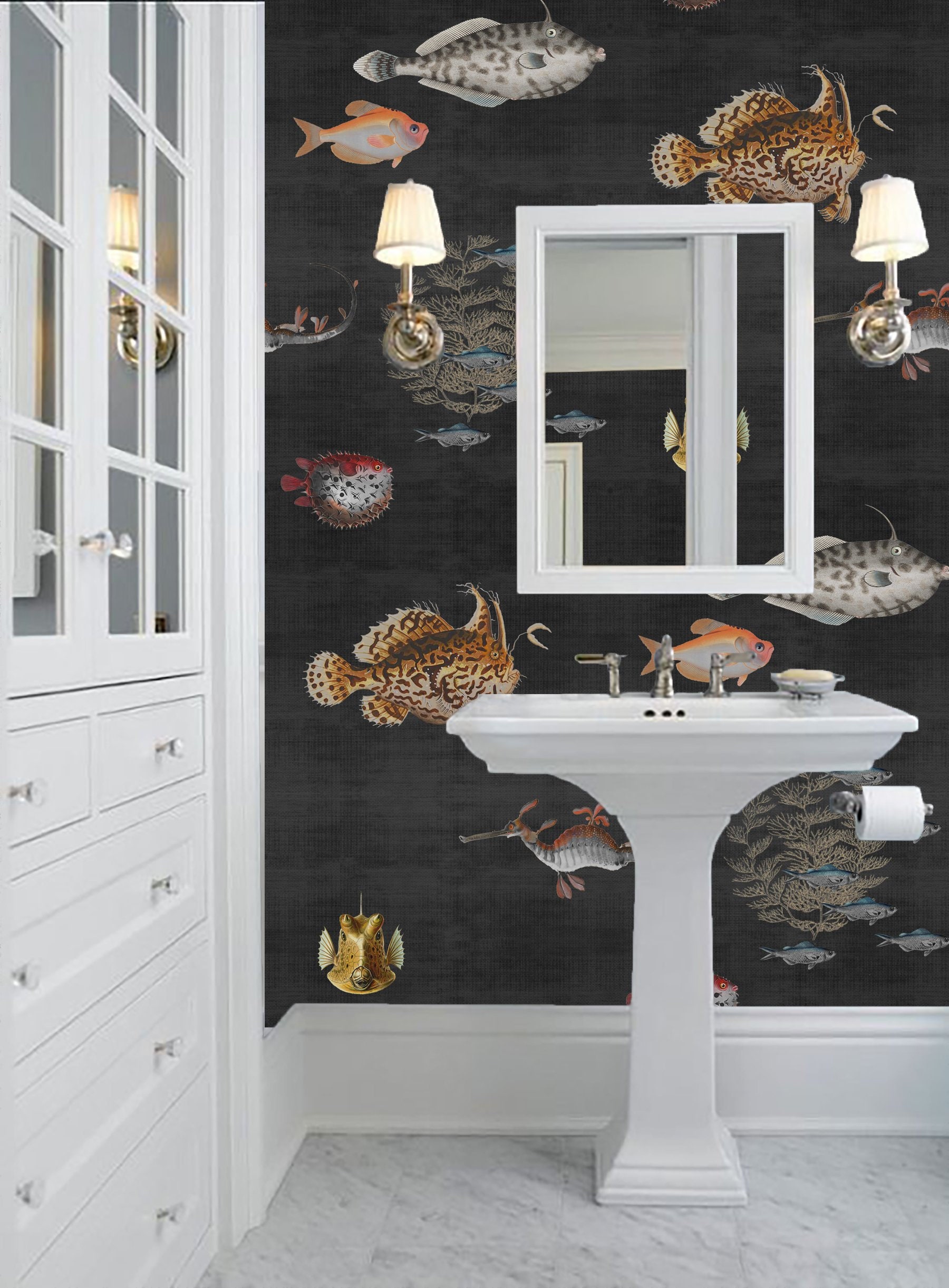 Talk about bold wall paper This fish themed wall paper really compliments  the smooth wave inspi  Bathroom wallpaper fish Small bathroom wallpaper Fish  bathroom