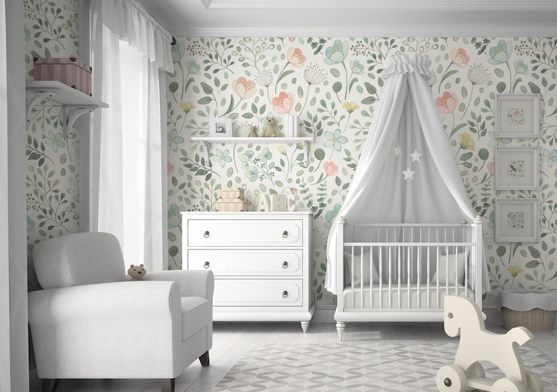 Posie Watercolor Floral Mural || Traditional or Removable Wallpaper • Vinyl-Free •  Non-toxic 