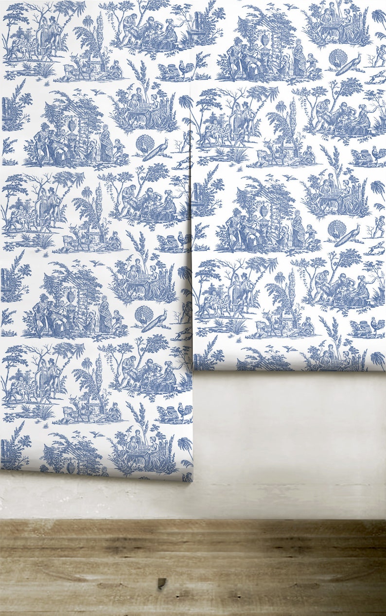 Marseilles Toile // Willow Ware Blue Peel 'n Stick or PrePasted Wallpaper Removable Vinyl-Free Non-toxic image 1