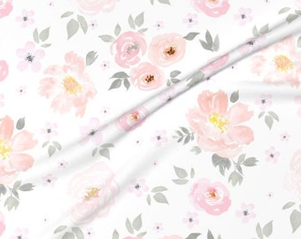 May include: A seamless pattern featuring delicate pink and white watercolor flowers on a white background. The flowers are arranged in a repeating pattern, with some flowers overlapping each other. The flowers are surrounded by gray leaves.