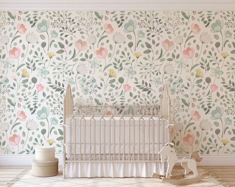 Posie Watercolor Floral Mural Traditional or Removable Wallpaper Vinyl-Free Non-toxic image 2