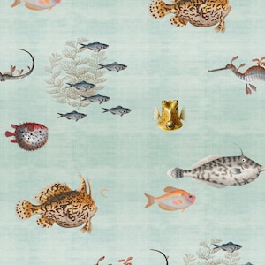 May include: A seamless pattern featuring various sea creatures on a light blue background. The pattern includes a seahorse, a pufferfish, a sea dragon, and several types of fish.