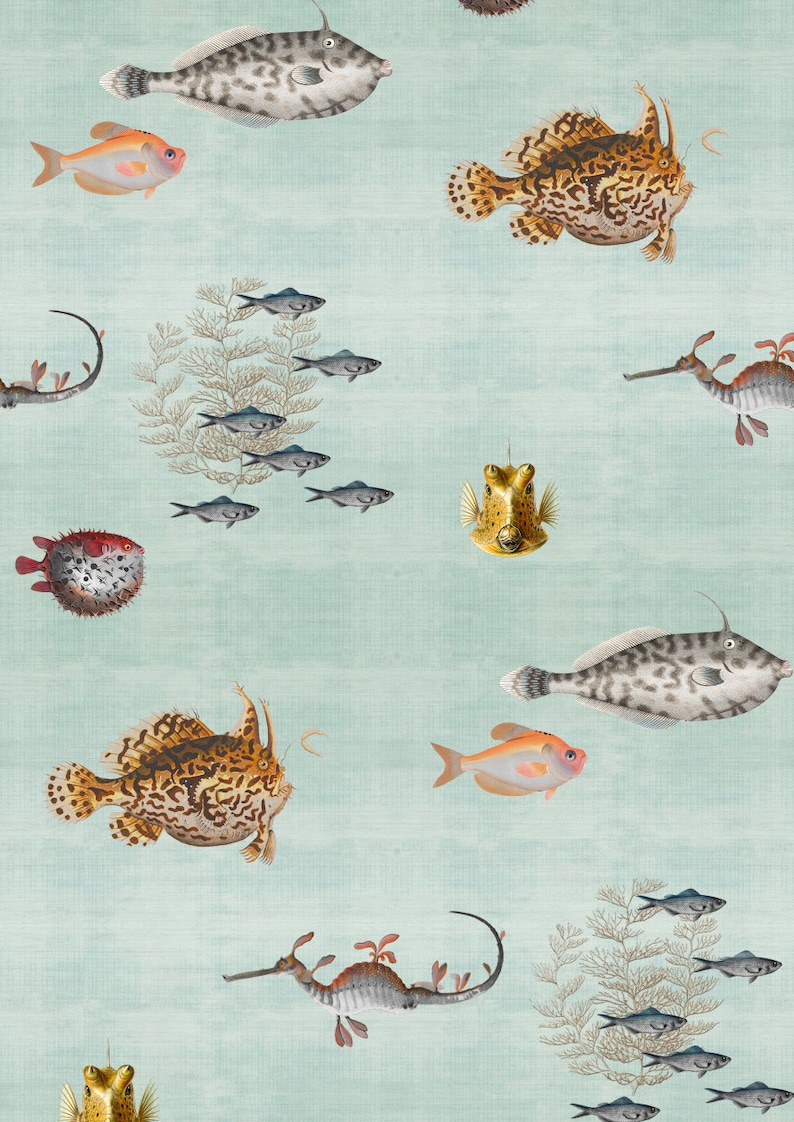 May include: A seamless pattern featuring various sea creatures on a light blue background. The pattern includes a seahorse, a pufferfish, a sea dragon, and several types of fish.